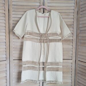 Ellie Tahari Ivory Linen Blend Lamb Suede Trim Short Sleeve Long Cardigan Small